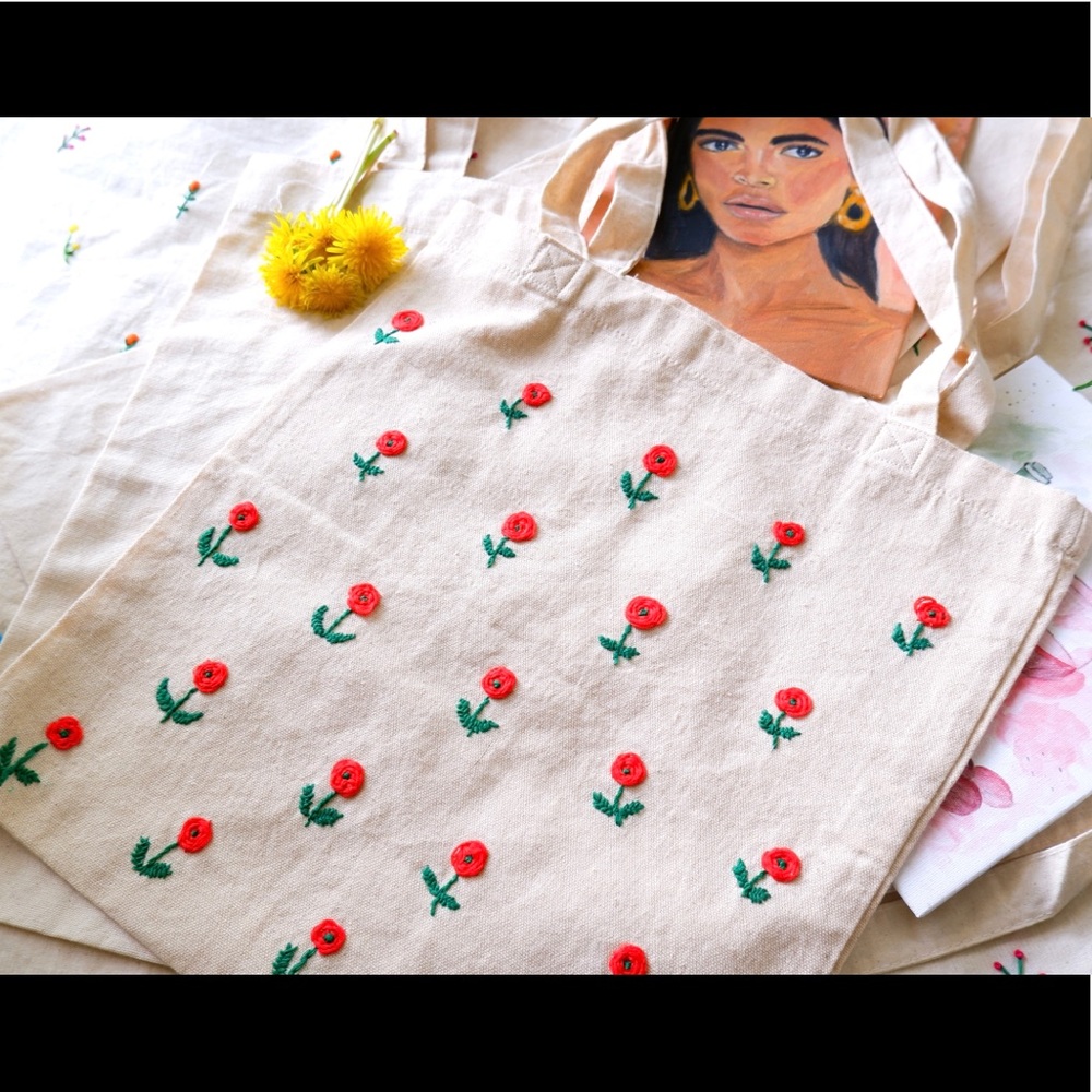 Flowers embroidered tote bag